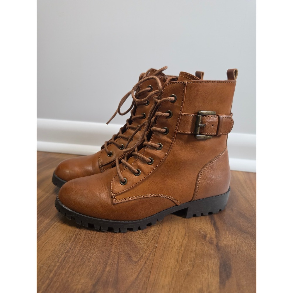 New SO Broccoli Combat Boots 8 Cognac Brown Lace Up Side Zip Buckle Lug Sole